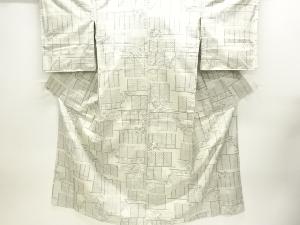 アンティーク　垣に草花模様織出し十日町紬着物